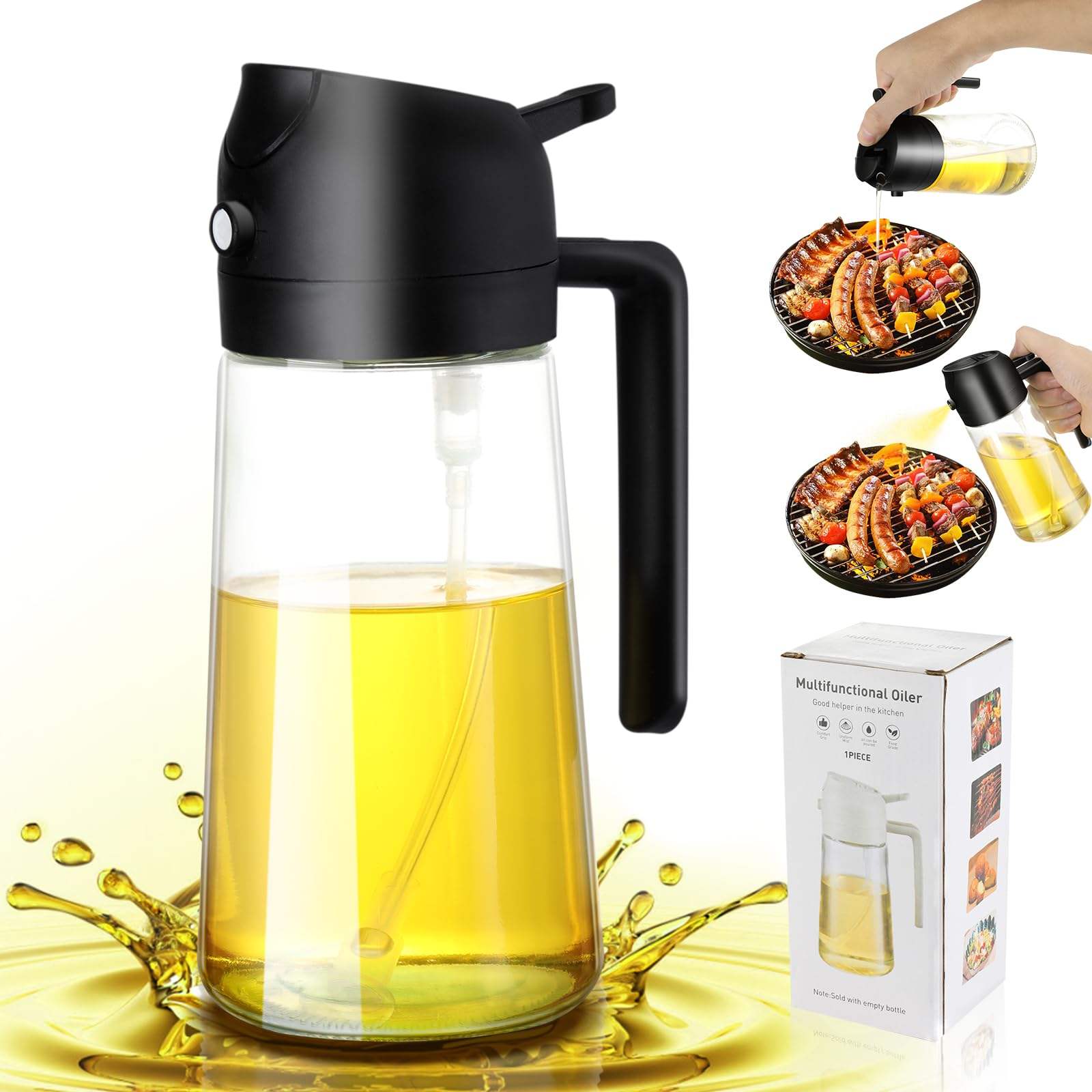 2-in-1 Olive Oil Dispenser & Fine Mist Sprayer – 470ml Glass Bottle for Cooking, Air Fryer & Salad